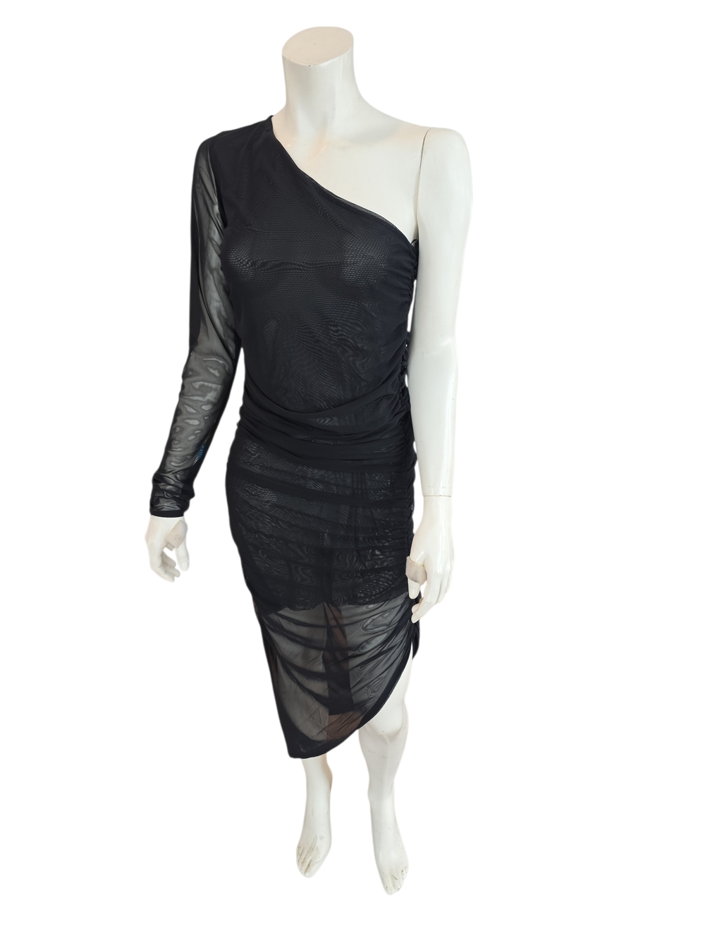 Zara Black One-Shoulder Mesh Ruched Midi Dress